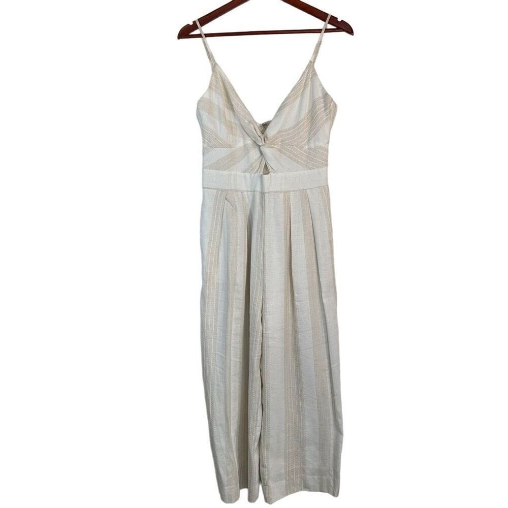 Sheike Linen Cotton Neutral Striped Romper Jumpsuit Women’s 12 Modern Casual